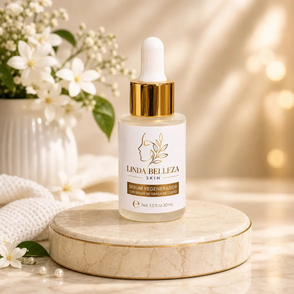Frasco gotero Linda Belleza Skin de 30 mL sobre un pedestal de mármol