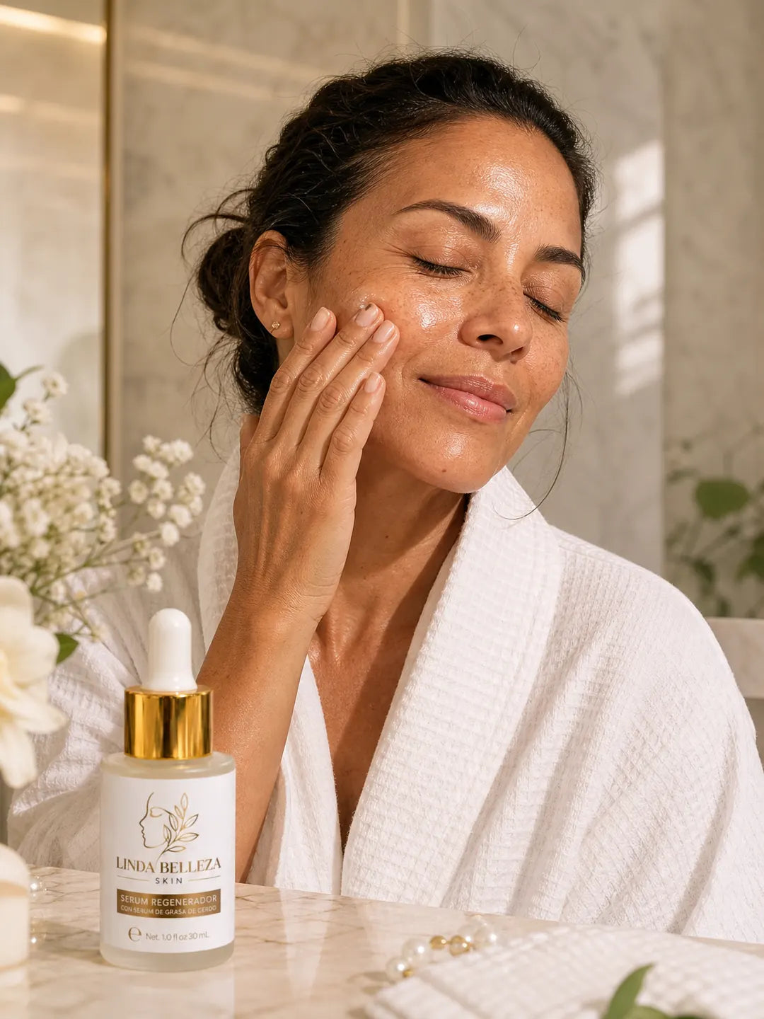 Mujer presionando el serum sobre su mejilla